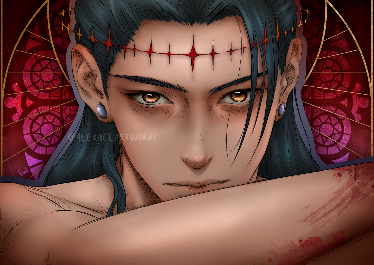 Fallen Angel Geto ~ Kenjaku (detailed close-up portrait)