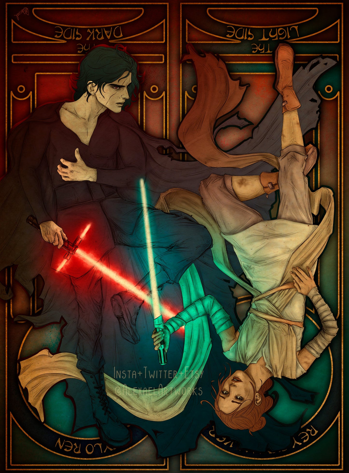 Rey & Kylo Ren in Art Nouveau style