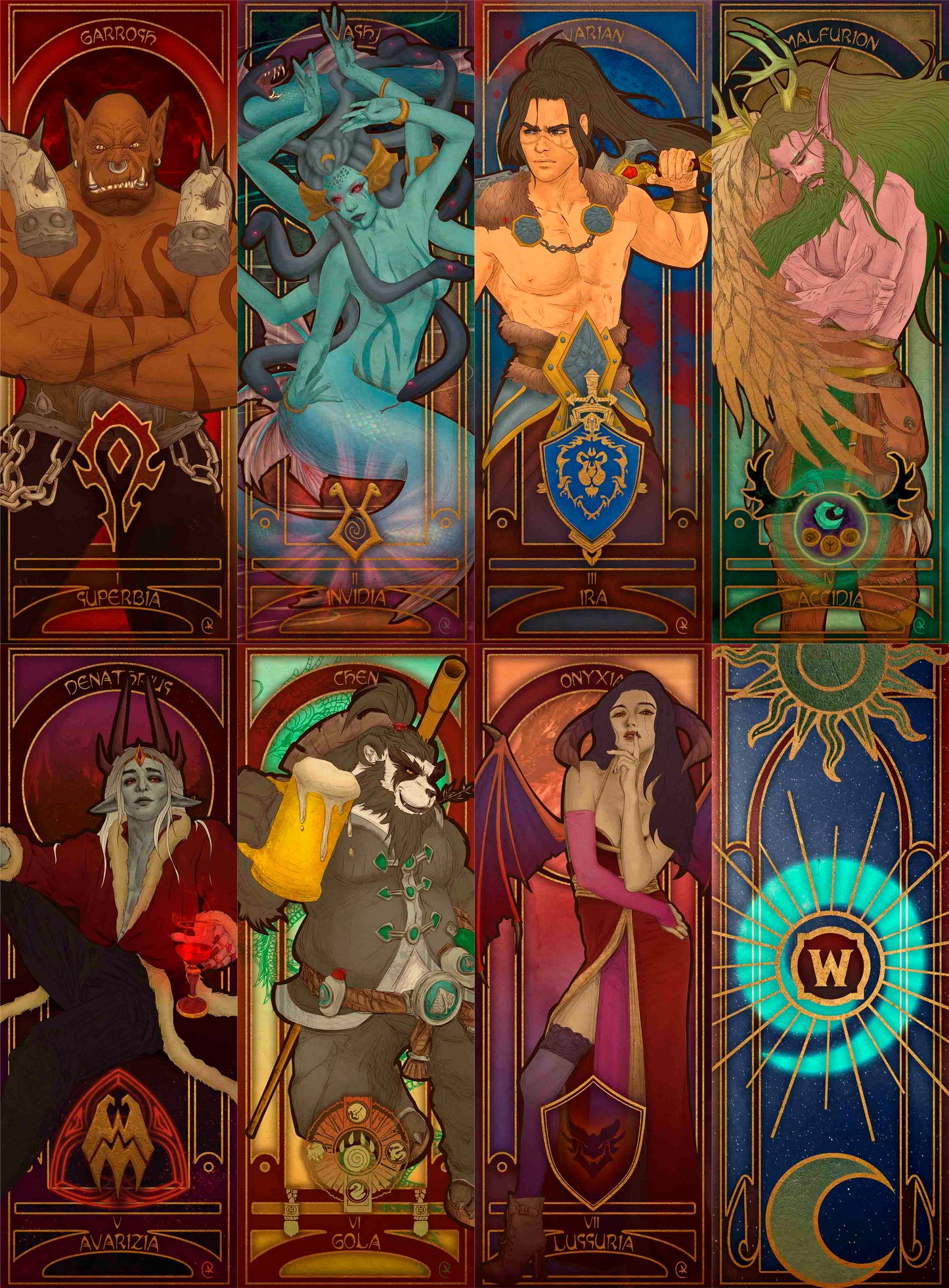 Deck of World of Warcraft 7 deadly sins cards in Art Nouveau style